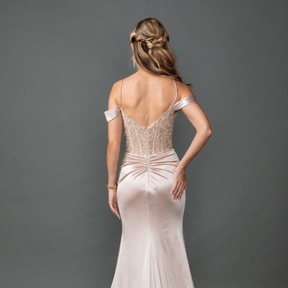 New Soft Satin Graduation Gown w/ Corset Lace Bodice & Draped V-Neck DQ 4537 - Picture 6 of 8